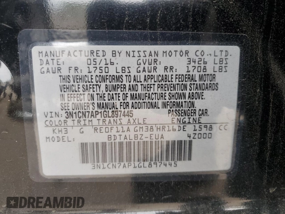 2016 Nissan Versa SV with VIN 3N1CN7AP1GL897445, listed as a Copart auction lot 58663935 with 106,717 mi miles and Clean title. Bid and sale history available at DreamBid. Image 12.