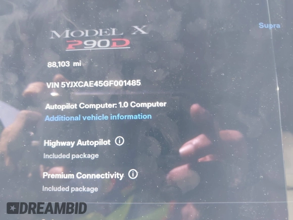 2016 Tesla Model X P90D with VIN 5YJXCAE45GF001485, listed as a IAAI auction lot 41994096 with 88,103 mi miles. Bid and sale history available at carsss.com. Image 7.