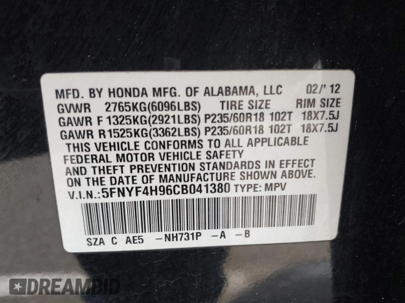 2012 Honda Pilot Touring with VIN 5FNYF4H96CB041380, listed as a IAAI auction lot 41941615 with 137,537 mi miles and . Bid and sale history available at DreamBid. Image 9.