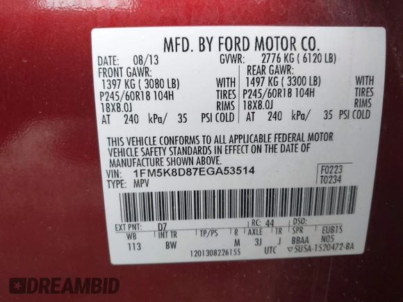 2014 Ford Explorer XLT with VIN 1FM5K8D87EGA53514, listed as a IAAI auction lot 42176561 with 158,667 mi miles and . Bid and sale history available at carsss.com. Image 9.