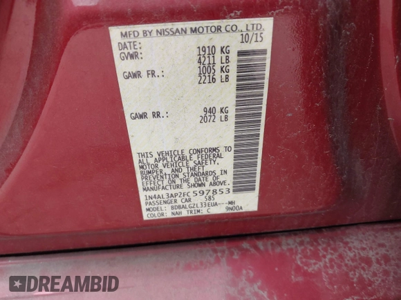 2015 Nissan Altima S with VIN 1N4AL3AP2FC597853, listed as a IAAI auction lot 41915141 with 85,148 mi miles and . Bid and sale history available at DreamBid. Image 9.