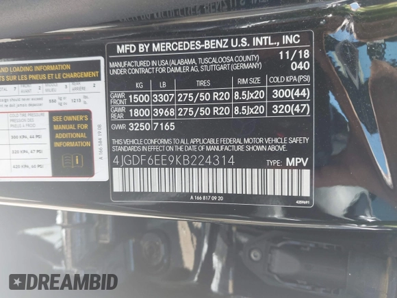 2019 Mercedes-Benz GLS 450 with VIN 4JGDF6EE9KB224314, listed as a IAAI auction lot 42073206 with 80,864 mi miles and . Bid and sale history available at DreamBid. Image 9.