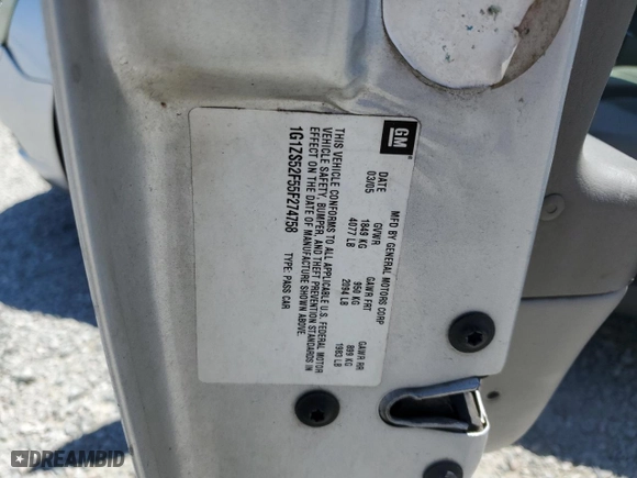 2005 Chevrolet Malibu with VIN 1G1ZS52F55F274758, listed as a Copart auction lot 53556275 with 136,849 mi miles and Salvage Title. Bid and sale history available at carsss.com. Image 12.