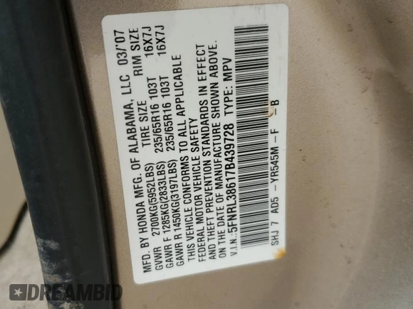 2007 Honda Odyssey EX-L with VIN 5FNRL38617B439728, listed as a Copart auction lot 53619595 with 116,735 mi miles and Salvage Title. Bid and sale history available at carsss.com. Image 15.