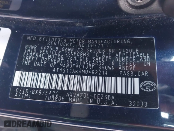 2021 Toyota Camry SE Nightshade with VIN 4T1G11AK4MU483214, listed as a IAAI auction lot 41487326 with 102,205 mi miles and . Bid and sale history available at DreamBid. Image 9.