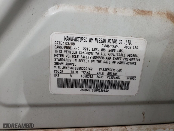 2008 Infiniti G35 Sedan Sport with VIN JNKBV61E88M220142, listed as a Copart auction lot 46836305 with 131,865 mi miles and Salvage Title. Bid and sale history available at carsss.com. Image 14.