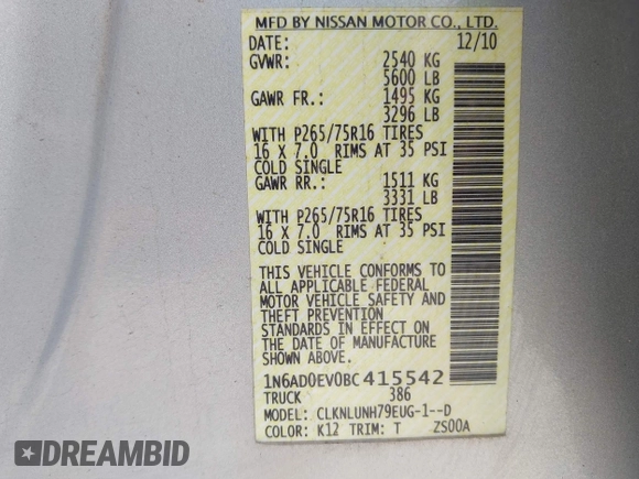 2011 Nissan Frontier Pro-4X с VIN 1N6AD0EV0BC415542, выставлен на аукционе IAAI как лот 42455036 с пробегом 153 099 миль миль и . История ставок и продаж доступна на DreamBid. Изображение 9.
