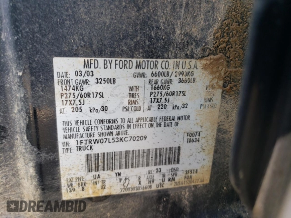 2003 Ford F-150 XLT with VIN 1FTRW07L53KC70209, listed as a Copart auction lot 48874975 with 335,523 mi miles and Salvage Title. Bid and sale history available at carsss.com. Image 12.