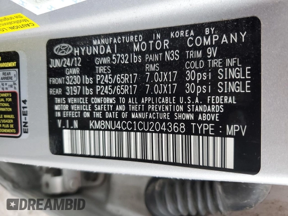 2012 Hyundai Veracruz Limited with VIN KM8NU4CC1CU204368, listed as a Copart auction lot 49450554 with 139,219 mi miles and Salvage Title. Bid and sale history available at DreamBid. Image 13.