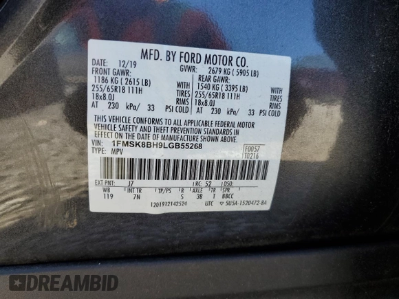 2020 Ford Explorer with VIN 1FMSK8BH9LGB55268, listed as a Copart auction lot 41991255 with 105,122 mi miles and Salvage Title. Bid and sale history available at carsss.com. Image 14.