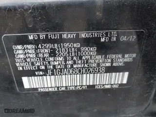 2012 Subaru Impreza Sedan 2.0i Premium with VIN JF1GJAD68CH026938, listed as a IAAI auction lot 41751422 with 138,638 mi miles. Bid and sale history available at carsss.com. Image 9.