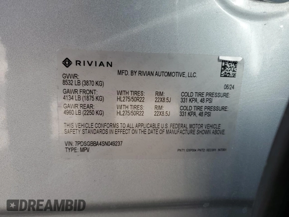 2025 Rivian R1S Adventure with VIN 7PDSGBBA4SN049237, listed as a Copart auction lot 53455505 with 0 mi miles and Salvage Title. Bid and sale history available at carsss.com. Image 13.