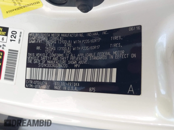 2016 Toyota Sienna XLE with VIN 5TDYK3DC9GS754220, listed as a IAAI auction lot 41303870 with 152,758 mi miles. Bid and sale history available at carsss.com. Image 9.