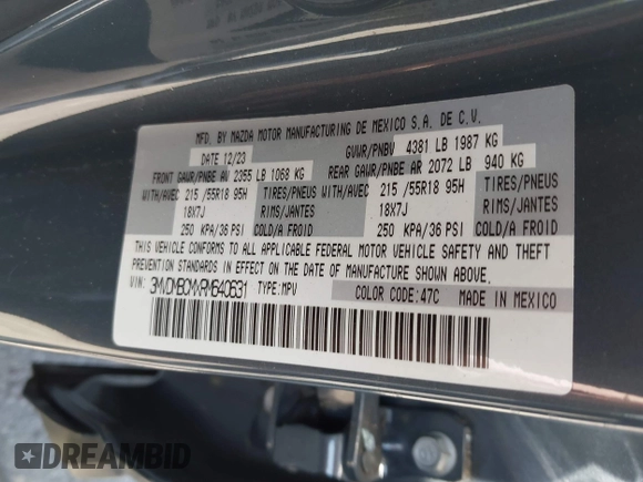 2024 Mazda CX-30 S Preferred z VIN 3MVDMBCMXRM640631, wystawiony jako IAAI lot #41900958 z przebiegiem 10 332 mil mil oraz . Historia ofert i sprzedaży dostępna na DreamBid. Obrazek 9.