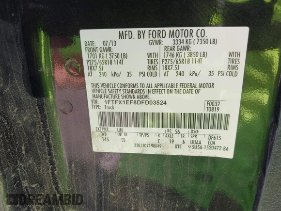 2013 Ford F-150 XL с VIN 1FTFX1EF8DFD03524, выставлен на аукционе IAAI как лот 42505863 с пробегом 241 860 миль миль и . История ставок и продаж доступна на DreamBid. Изображение 9.