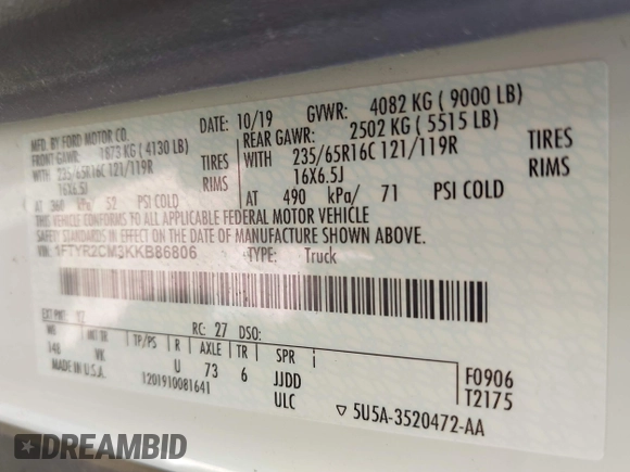 2019 Ford Transit with VIN 1FTYR2CM3KKB86806, listed as a IAAI auction lot 42633294 with 148,555 mi miles and . Bid and sale history available at DreamBid. Image 9.