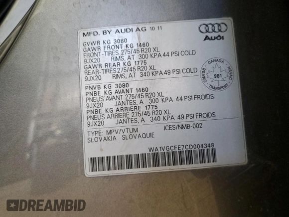 2012 Audi Q7 with VIN WA1VGCFE7CD004348, listed as a Copart auction lot 42711205 with 275,042 mi miles and Salvage title. Bid and sale history available at DreamBid. Image 13.