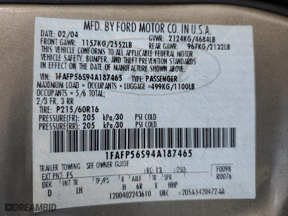 2004 Ford Taurus SEL Deluxe with VIN 1FAFP56S94A187465, listed as a Copart auction lot 88813035 with 78,806 mi miles and Salvage Title. Bid and sale history available at carsss.com. Image 12.