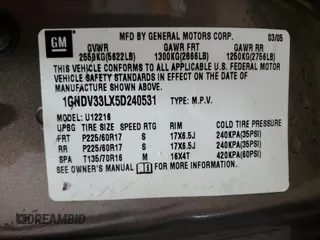 2005 Chevrolet Uplander LT with VIN 1GNDV33LX5D240531, listed as a Copart auction lot 51222535 with 96,902 mi miles and Salvage Title. Bid and sale history available at DreamBid. Image 13.