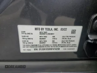 2022 Tesla Model S with VIN 5YJSA1E5XNF474238, listed as a Copart auction lot 54220115 with Not provided miles and Salvage title. Bid and sale history available at DreamBid. Image 14.