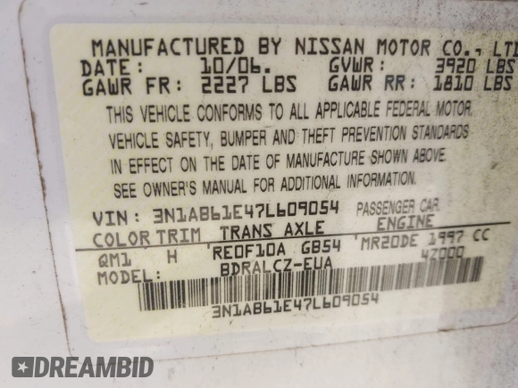 2007 Nissan Sentra 2.0 with VIN 3N1AB61E47L609054, listed as a IAAI auction lot 42080513 with 177,691 mi miles and . Bid and sale history available at DreamBid. Image 9.