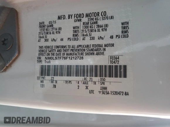 2015 Ford Transit Connect XLT z VIN NM0LS7F76F1212728, wystawiony jako Copart lot #57997115 z przebiegiem 49 897 mil mil oraz Szkody całkowita. Historia ofert i sprzedaży dostępna na DreamBid. Obrazek 13.