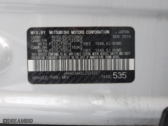 2020 Mitsubishi Eclipse Cross ES with VIN JA4AS3AA5LZ023257, listed as a Copart auction lot 86958334 with 0 mi miles and Salvage Title. Bid and sale history available at carsss.com. Image 14.