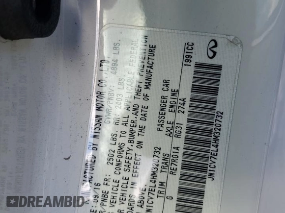 2017 Infiniti Q60 Premium with VIN JN1CV7EL4HM320732, listed as a Copart auction lot 85926524 with 83,261 mi miles and Salvage title. Bid and sale history available at DreamBid. Image 12.