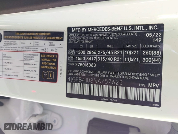 2022 Mercedes-Benz GLE 350 with VIN 4JGFB4JB8NA757625, listed as a IAAI auction lot 42425819 with 27,003 mi miles and . Bid and sale history available at DreamBid. Image 9.