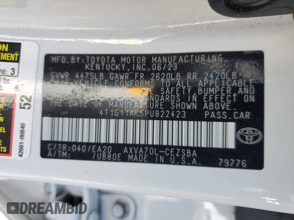2023 Toyota Camry SE z VIN 4T1G11AK5PU822423, wystawiony jako Copart lot #57509345 z przebiegiem 43 592 mil mil oraz Szkoda całkowita • Salvage title. Historia ofert i sprzedaży dostępna na DreamBid. Obrazek 13.