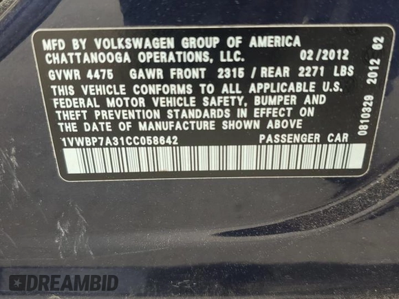 2012 Volkswagen Passat SE z VIN 1VWBP7A31CC058642, wystawiony jako Copart lot #54897785 z przebiegiem 239 304 mil mil oraz Szkoda całkowita • Salvage title. Historia ofert i sprzedaży dostępna na DreamBid. Obrazek 12.