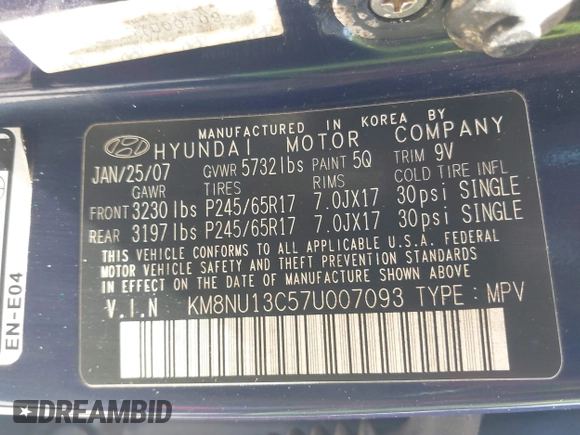 2007 Hyundai Veracruz GLS z VIN KM8NU13C57U007093, wystawiony jako IAAI lot #42368109 z przebiegiem 172 370 mil mil oraz . Historia ofert i sprzedaży dostępna na DreamBid. Obrazek 9.