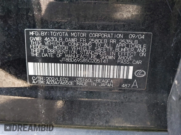 2005 Lexus GS 300 with VIN JT8BD69S850205141, listed as a IAAI auction lot 42122383 with 178,234 mi miles and . Bid and sale history available at DreamBid. Image 9.