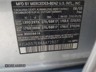 2004 Mercedes-Benz M 350 with VIN 4JGAB57E84A472827, listed as a IAAI auction lot 42135826 with 221,174 mi miles and . Bid and sale history available at DreamBid. Image 9.