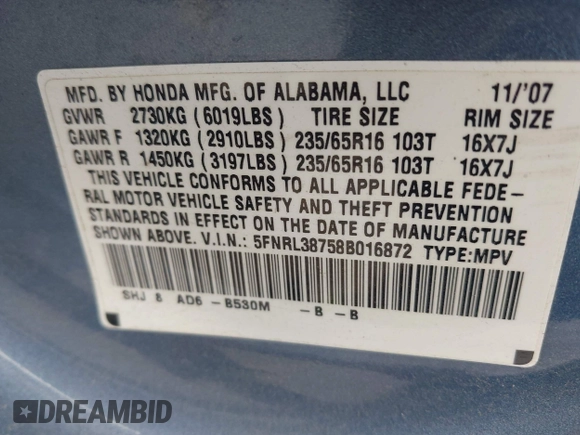 2008 Honda Odyssey EX-L with VIN 5FNRL38758B016872, listed as a IAAI auction lot 42094462 with 183,384 mi miles. Bid and sale history available at carsss.com. Image 9.