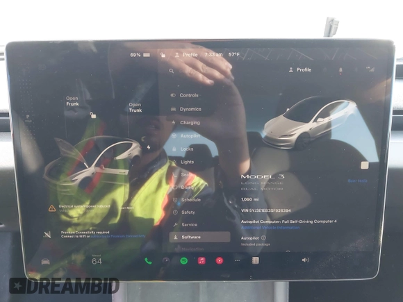 2025 Tesla Model 3 Long Range with VIN 5YJ3E1EB3SF926394, listed as a IAAI auction lot 42249844 with 1,090 mi miles and . Bid and sale history available at DreamBid. Image 7.