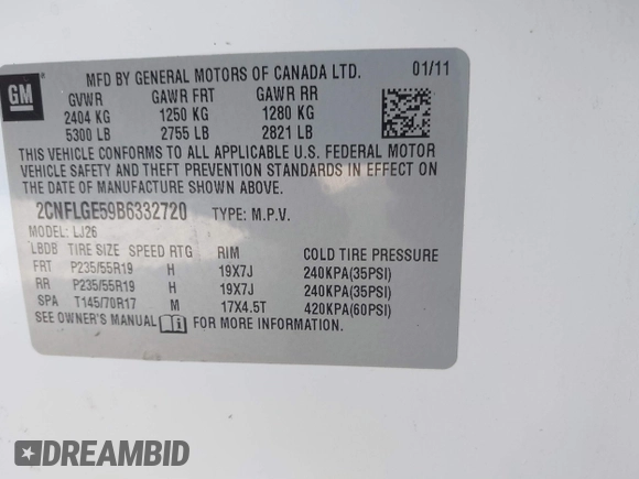 2011 Chevrolet Equinox LTZ with VIN 2CNFLGE59B6332720, listed as a IAAI auction lot 41837453 with 160,164 mi miles and . Bid and sale history available at DreamBid. Image 9.