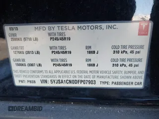 2013 Tesla Model S with VIN 5YJSA1CNODFP07903, listed as a IAAI auction lot 41281788 with Not Provided miles. Bid and sale history available at carsss.com. Image 9.