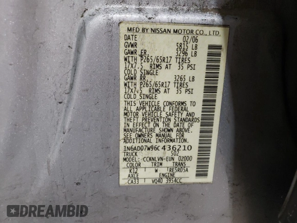 2006 Nissan Frontier LE with VIN 1N6AD07W96C436210, listed as a Copart auction lot 87704505 with 119,485 mi miles and Salvage title. Bid and sale history available at DreamBid. Image 12.