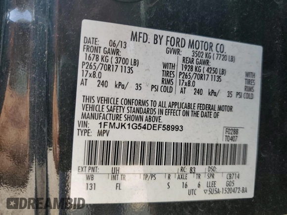 2013 Ford Expedition EL XL with VIN 1FMJK1G54DEF58993, listed as a Copart auction lot 66768174 with 77,537 mi miles and Salvage Title. Bid and sale history available at carsss.com. Image 13.