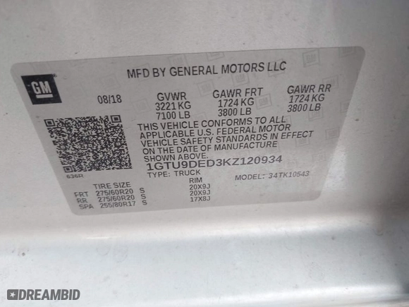 2019 GMC Sierra 1500 SLT with VIN 1GTU9DED3KZ120934, listed as a IAAI auction lot 41233132 with 115,293 mi miles. Bid and sale history available at carsss.com. Image 9.