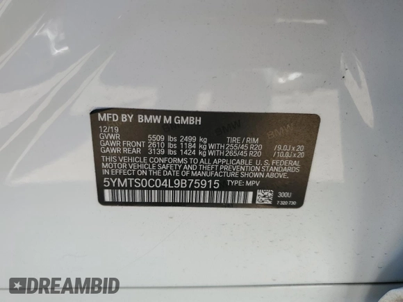 2020 BMW X3 M Competition with VIN 5YMTS0C04L9B75915, listed as a Copart auction lot 68585394 with 0 mi miles and Salvage Title. Bid and sale history available at carsss.com. Image 13.