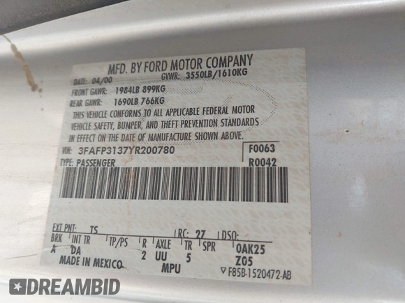 2000 Ford Focus ZX3 with VIN 3FAFP3137YR200780, listed as a IAAI auction lot 42322264 with 170,436 mi miles and . Bid and sale history available at DreamBid. Image 9.