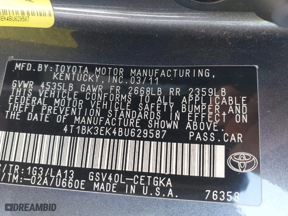 2011 Toyota Camry LE with VIN 4T1BK3EK4BU629587, listed as a IAAI auction lot 41845995 with 219,422 mi miles. Bid and sale history available at carsss.com. Image 9.