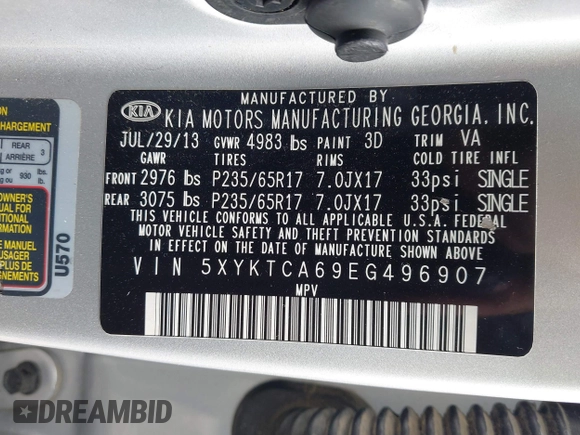 2014 Kia Sorento LX with VIN 5XYKTCA69EG496907, listed as a IAAI auction lot 41789120 with 166,644 mi miles and . Bid and sale history available at carsss.com. Image 9.