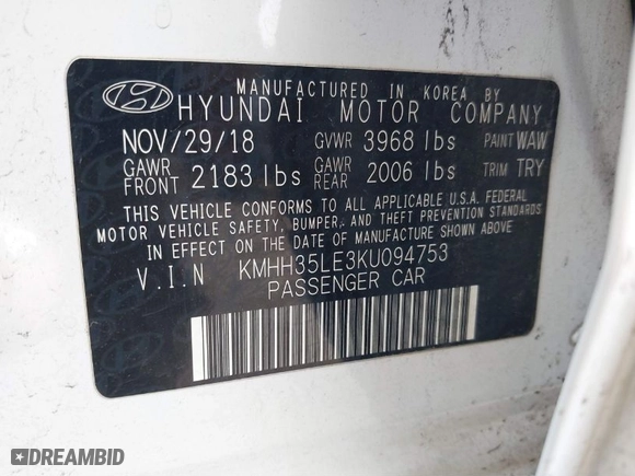 2019 Hyundai Elantra GT with VIN KMHH35LE3KU094753, listed as a IAAI auction lot 41283518 with 107,955 mi miles. Bid and sale history available at carsss.com. Image 9.