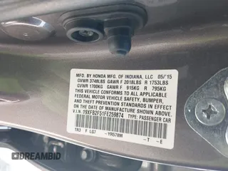 2015 Honda Civic LX with VIN 19XFB2F51FE259874, listed as a IAAI auction lot 42380822 with 100,036 mi miles and . Bid and sale history available at DreamBid. Image 9.