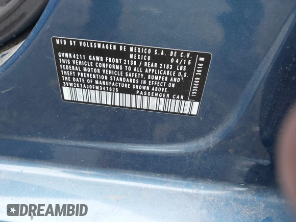 2015 Volkswagen Jetta S with VIN 3VW2K7AJ0FM347625, listed as a IAAI auction lot 42503613 with 92,587 mi miles and . Bid and sale history available at DreamBid. Image 9.