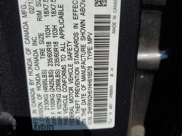 2017 Honda CR-V EX with VIN 2HKRW2H51HH616578, listed as a Copart auction lot 55358265 with 186,387 mi miles and Clean Title. Bid and sale history available at carsss.com. Image 13.