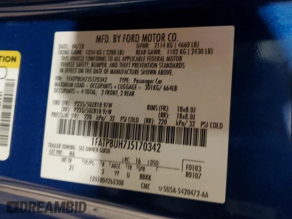 2018 Ford Mustang EcoBoost Premium with VIN 1FATP8UH7J5170342, listed as a Copart auction lot 52612615 with 97,277 mi miles and Salvage Title. Bid and sale history available at carsss.com. Image 12.